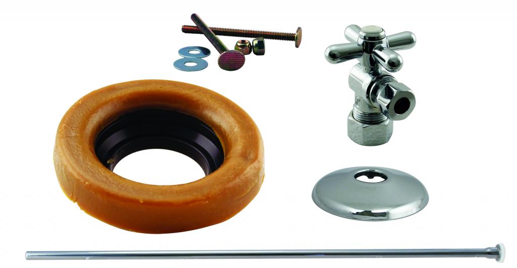 Toilet Kit with 1/4-Turn nom comp Stop and Wax Ring - Cross Handle in Satin Nickel