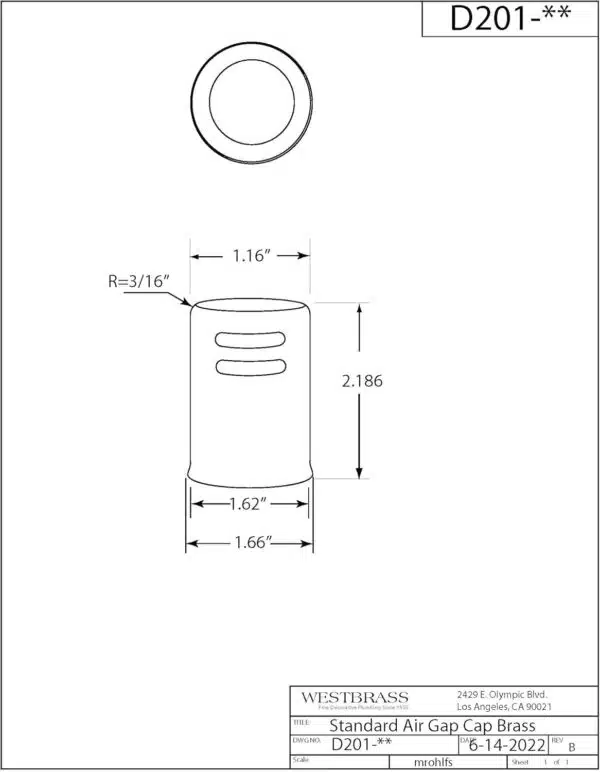 1-5/8" x 2-1/4" Soild Brass Air Gap Cap Only, Non-Skirted - Image 2