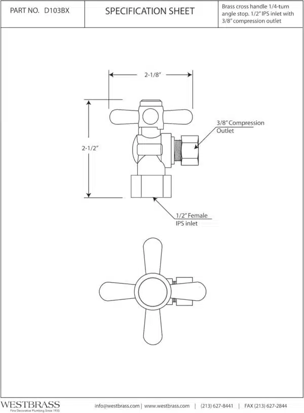 1/4-Turn Cross Handle Angle Stop Shut Off Valve, 1/2" IPS x 3/8" OD - Image 2