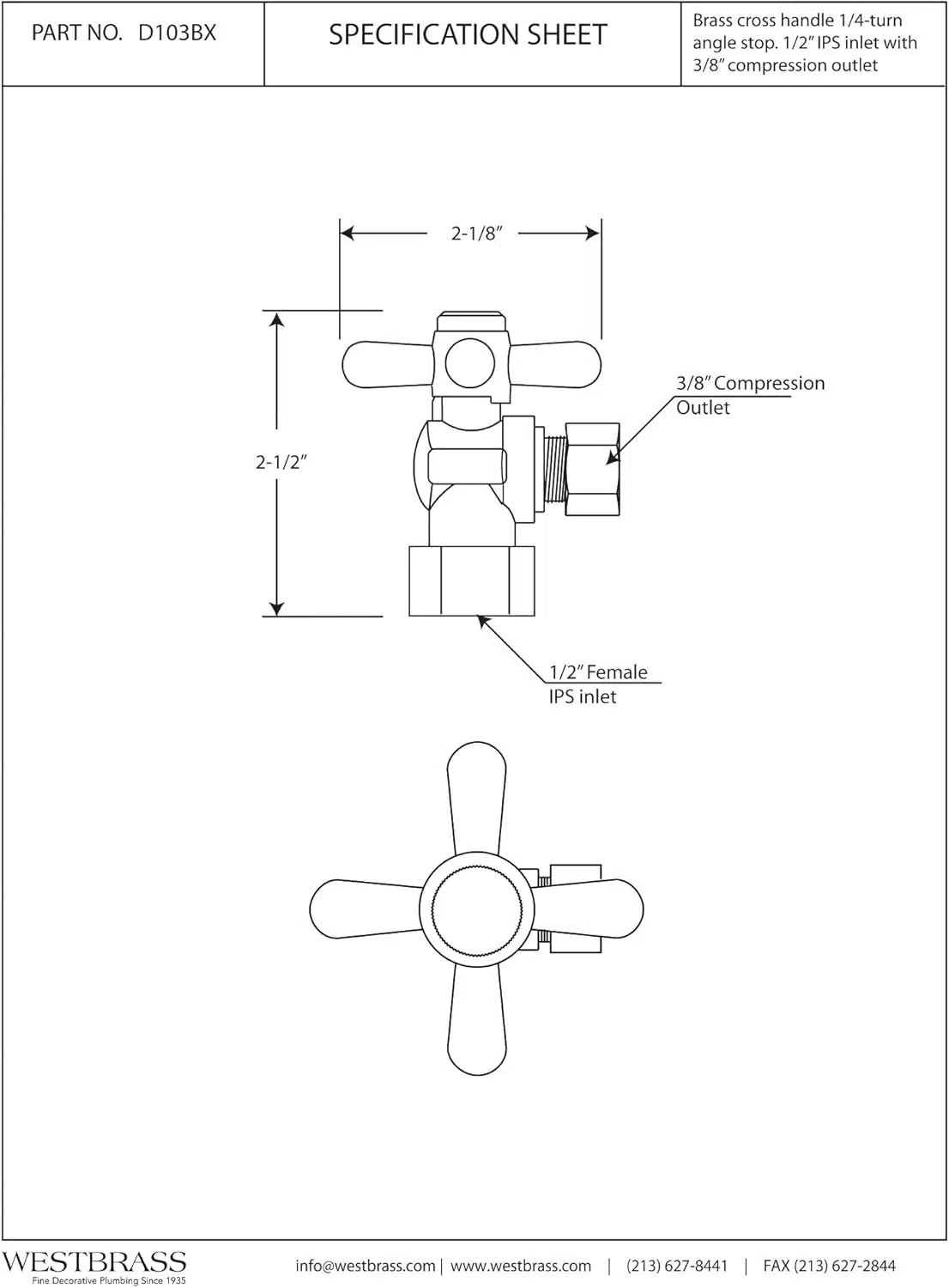 1/4-Turn Cross Handle Angle Stop Shut Off Valve, 1/2" IPS x 3/8" OD - Image 2