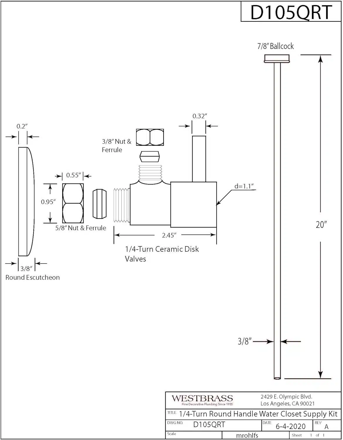 5/8" x 3/8" OD x 20" Flat Head Toilet Supply Line Riser Kit with Round Handle 1/4-Turn Angle Stop - Image 2