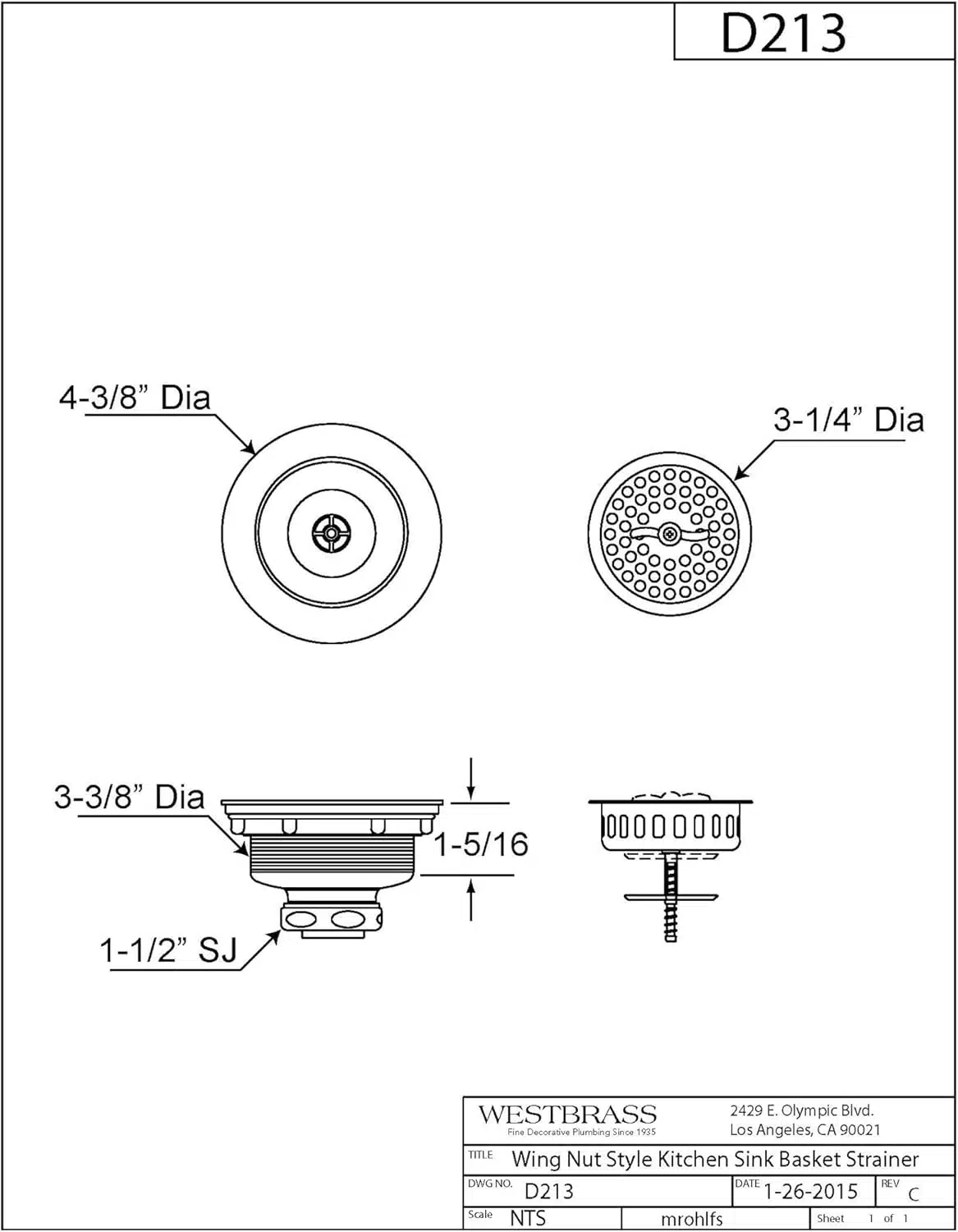 3-1/2" Wing Nut Twist Style Large Kitchen Sink Basket Strainer - Image 2
