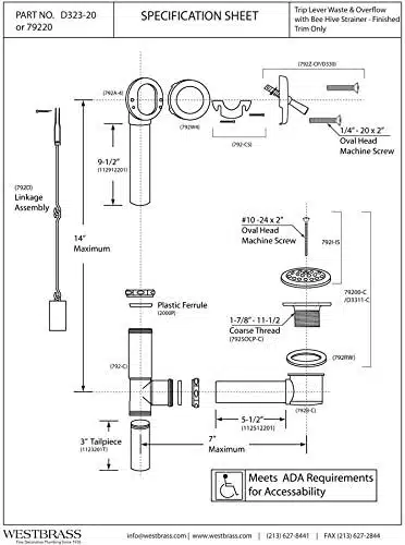 14" Bath Waste & Overflow Assembly with Trip Lever and Beehive Strainer Drain - Image 4