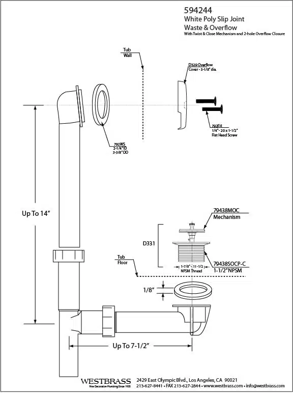 14" White Tubular Bath Waste & Overflow Assembly with Twist & Close Drain Plug and 2-Hole Faceplate - Image 2