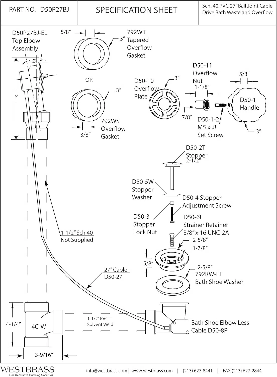 Sch. 40 PVC 27 in. Cable Drive Bath Waste - Ball Joint Head - Image 2