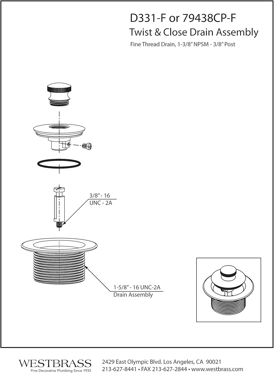 Twist & Close 1-3/8" NPSM Fine Thread Bath Drain - Image 2
