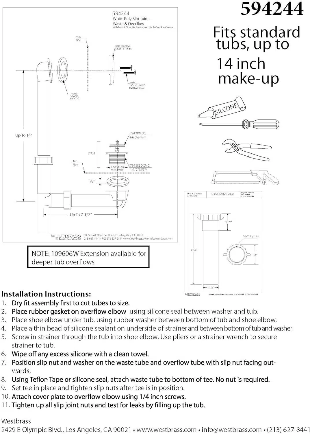14" White Tubular Bath Waste & Overflow Assembly with Twist & Close Drain Plug and 2-Hole Faceplate - Image 4