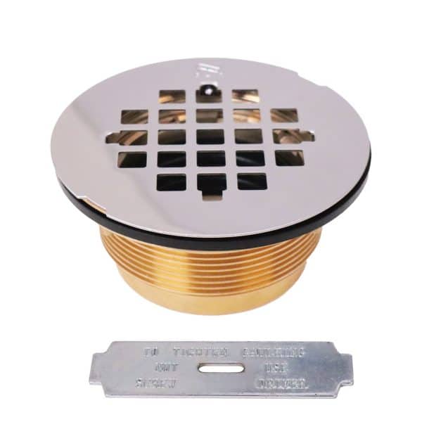 2" No-Caulk Brass Compression Shower Drain with 4-1/4" Round Grid Cover