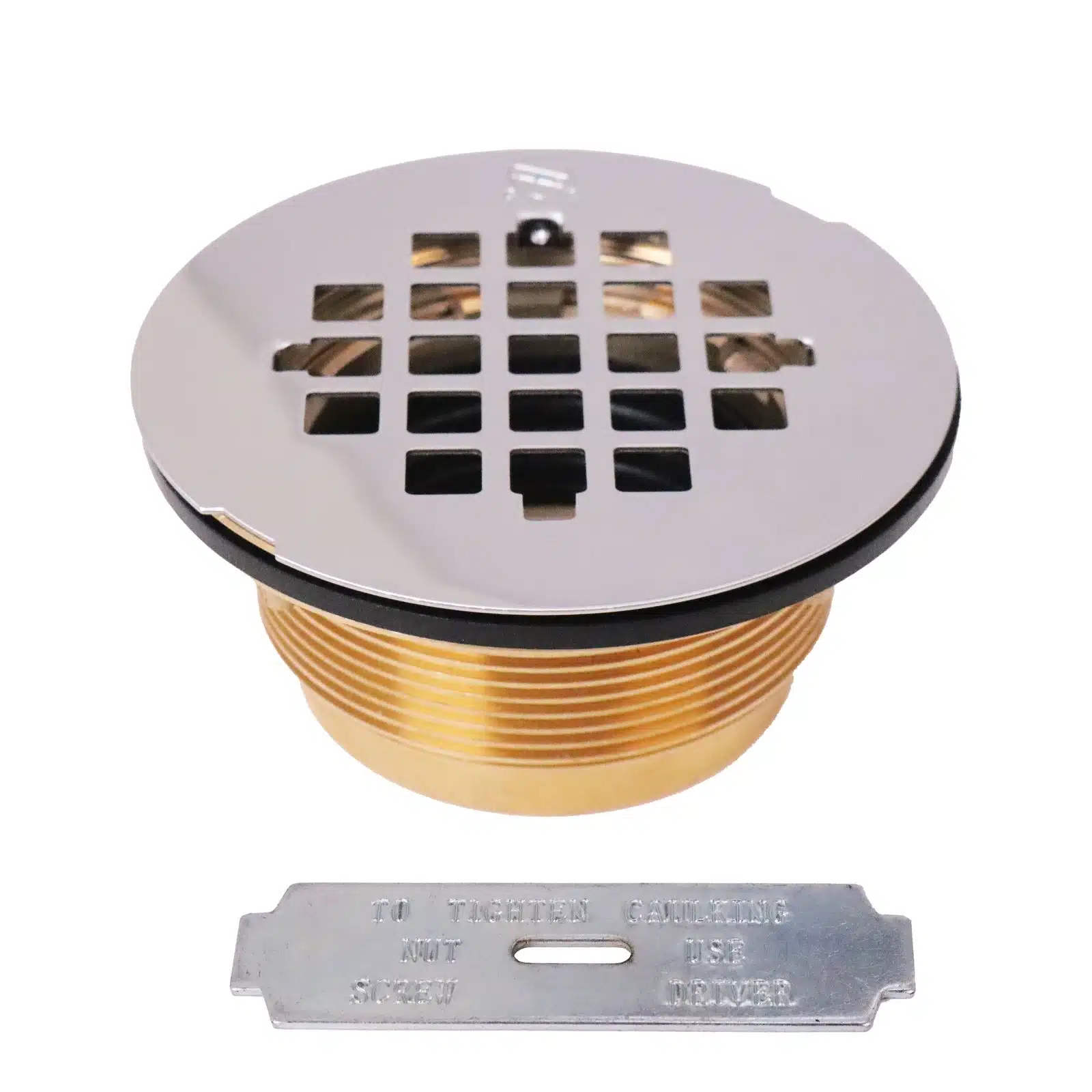 2″ No-Caulk Brass Compression Shower Drain with 4-1/4″ Round