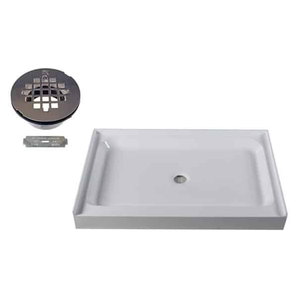 48" x 36" 3-Wall Shower Pan with Plastic Center 4-1/4" Cross Grid Brass Drain Cover