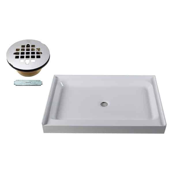 48" x 36" 3-Wall Shower Pan with Solid Center 4-1/4" Cross Grid Brass Drain Cover