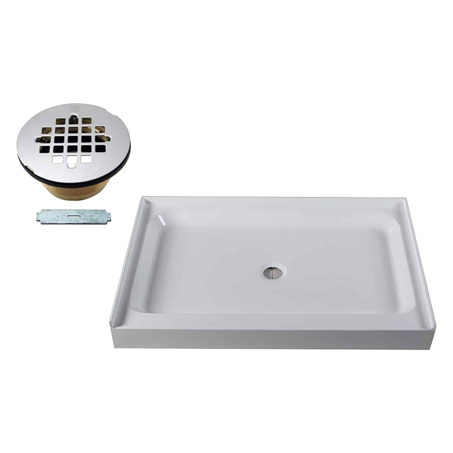 48" x 36" 3-Wall Shower Pan with Solid Center 4-1/4" Cross Grid Brass Drain Cover
