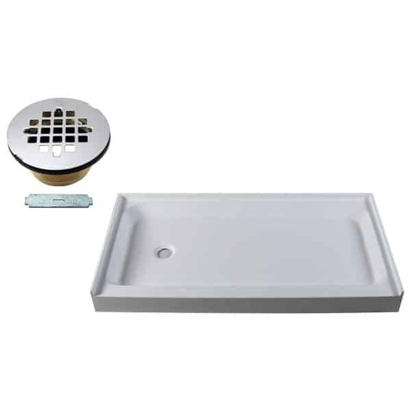 60" x 34" 3-Wall Shower Pan with Solid Left Hand 4-1/4" Cross Grid Brass Drain Cover