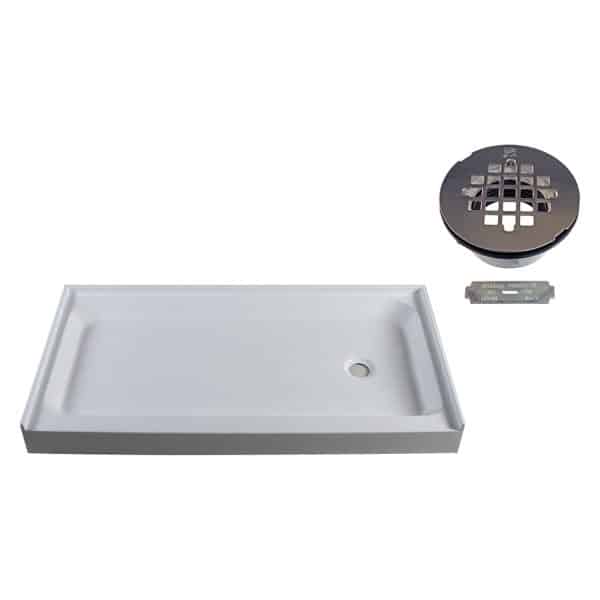 60" x 34" 3-Wall Shower Pan with Plastic Right 4-1/4" Cross Grid Brass Drain Cover