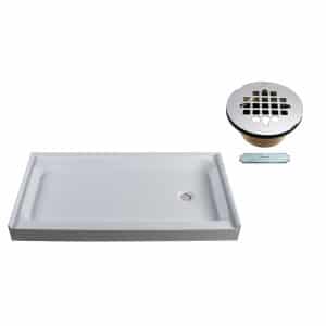 60" x 34" 3-Wall Shower Pan with Solid Right 4-1/4" Cross Grid Brass Drain Cover