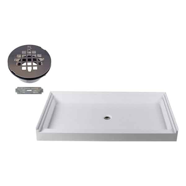 60" x 36" 3-Wall Shower Pan with Plastic Center 4-1/4" Cross Grid Brass Drain Cover