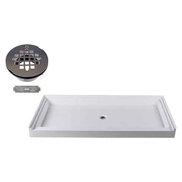 72" x 36" 3-Wall Shower Pan with Plastic Center 4-1/4" Cross Grid Brass Drain Cover