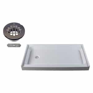 60" x 34" 3-Wall Shower Pan with Plastic Left Hand 4-1/4" Cross Grid Brass Drain Cover