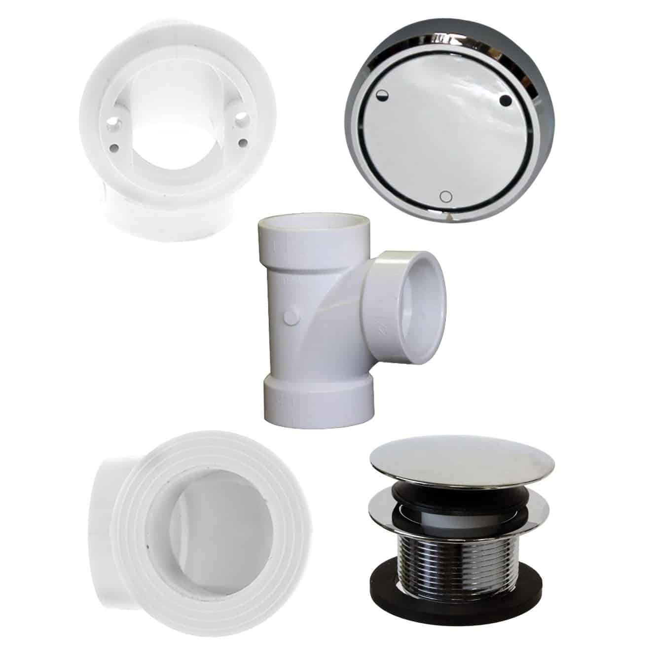 Bathtub Trim Kit with Patented Deep Soak 2-Hole Overflow Cover, Tip-Toe Drain Plug and SCH. 40 PVC Elbows and Tee-Plumber's Pack