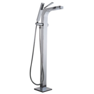 Contemporary Qubic Style Floor Mount Freestanding Ultra High Flow Tub Filler with Sleek Handheld Shower